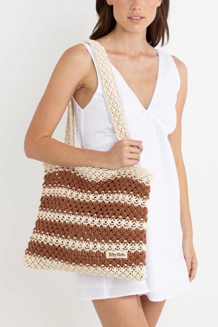 Rhythm - Cove Stripe Crochet Tote Bag in Caramel
