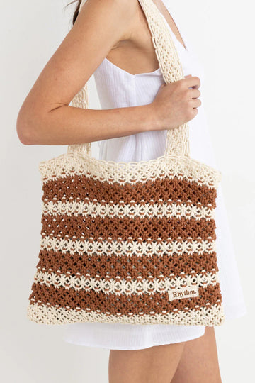 Rhythm - Cove Stripe Crochet Tote Bag in Caramel