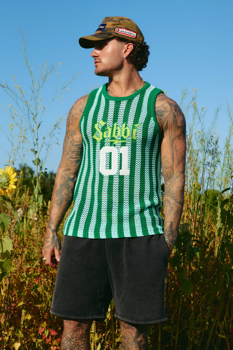 SABBI - The Knit B-Ball Singlet in Green & Blue Stripe