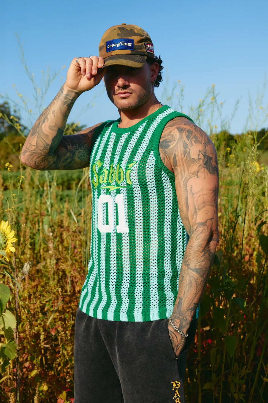 SABBI - The Knit B-Ball Singlet in Green & Blue Stripe