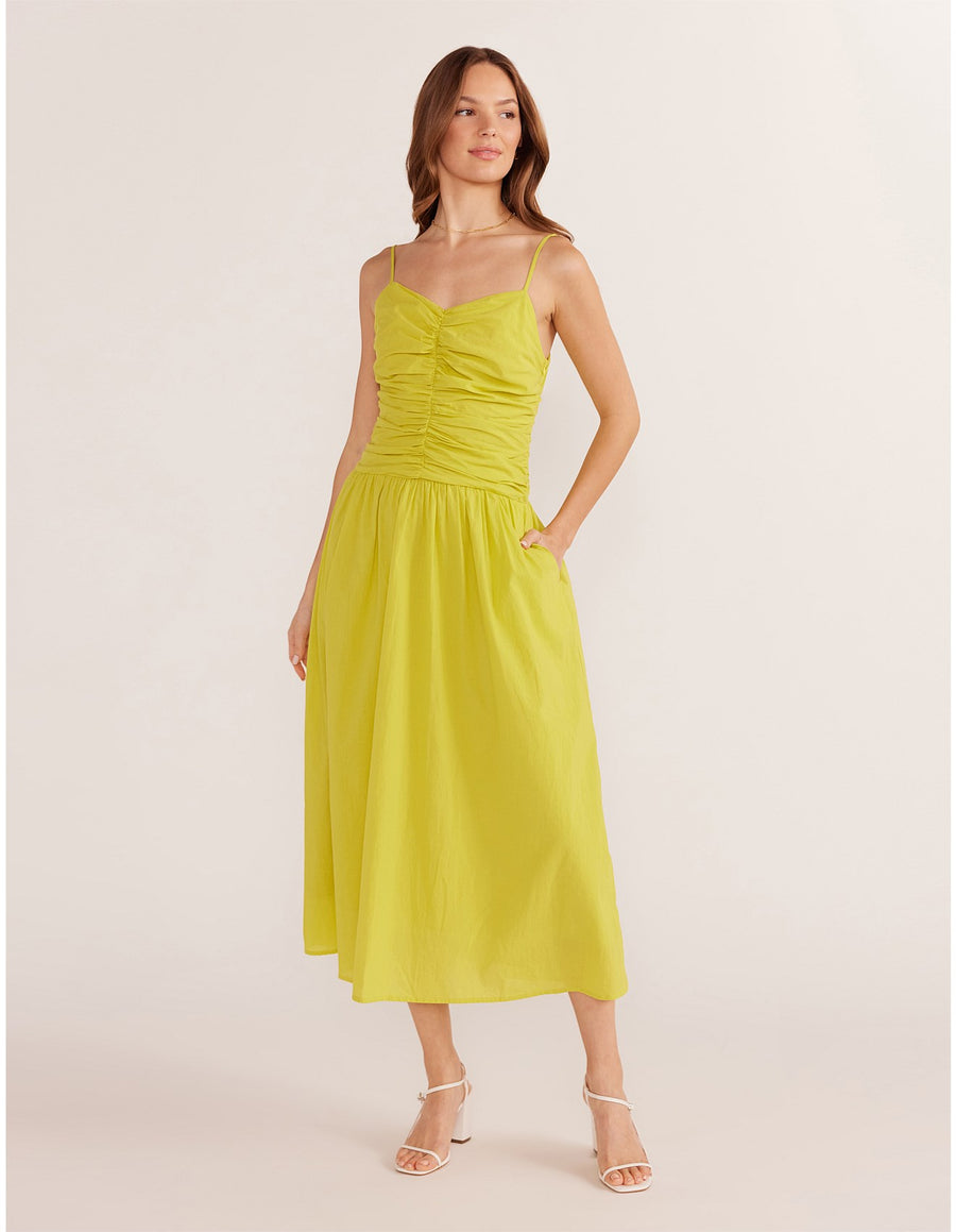 Minkpink - Mariposa Ruched Midi Dress in Chartreuse
