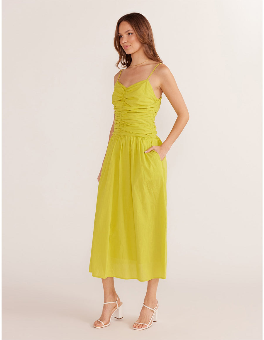 Minkpink - Mariposa Ruched Midi Dress in Chartreuse
