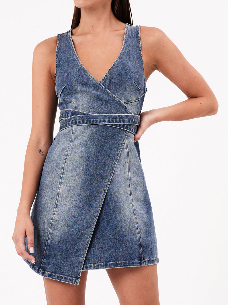 Abrand - City Wrap Dress in Dalia in Mid Vintage Indigo