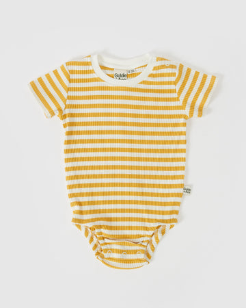 GOLDIE + ACE - Max Short Sleeve Ribbed Stripe Romper in Golden/Ivory