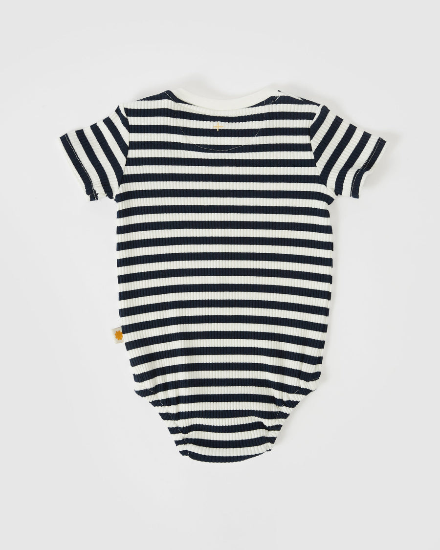 GOLDIE + ACE - Max Short Sleeve Ribbed Stripe Romper in Navy/Ivory
