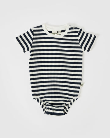 GOLDIE + ACE - Max Short Sleeve Ribbed Stripe Romper in Navy/Ivory