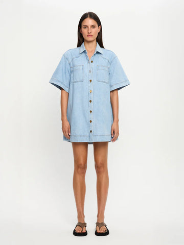 KIVARI - Avery Denim Mini Dress In Dusty Blue