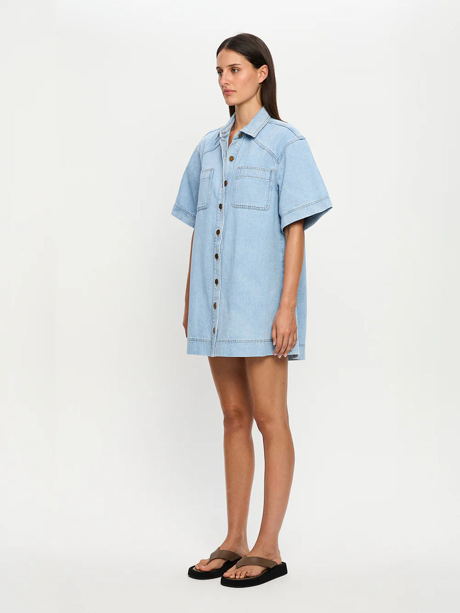 KIVARI - Avery Denim Mini Dress In Dusty Blue