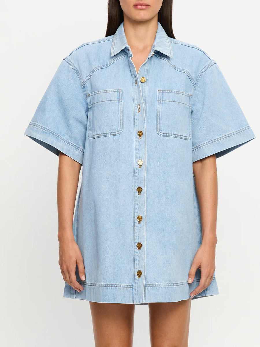 KIVARI - Avery Denim Mini Dress In Dusty Blue