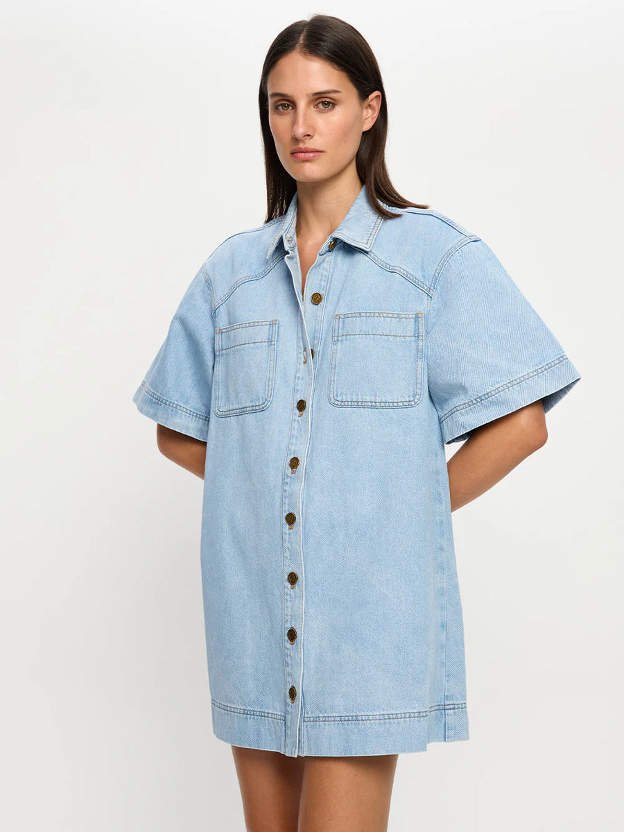 KIVARI - Avery Denim Mini Dress In Dusty Blue