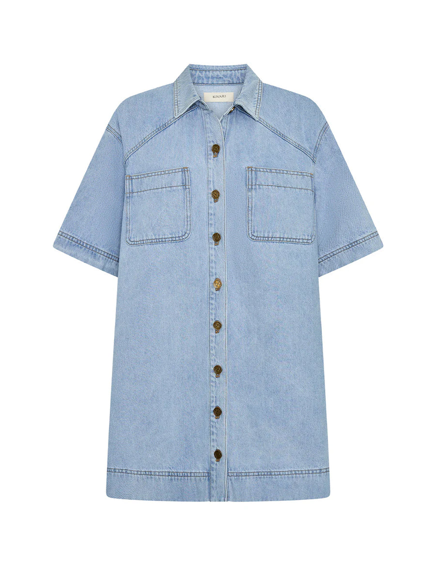 KIVARI - Avery Denim Mini Dress In Dusty Blue