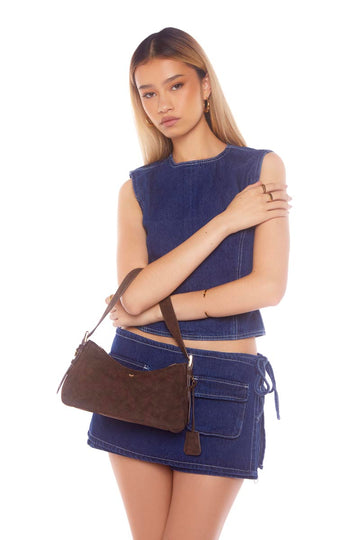 PETA + JAIN - Brody Shoulder Bag in Choc Suede/Gold
