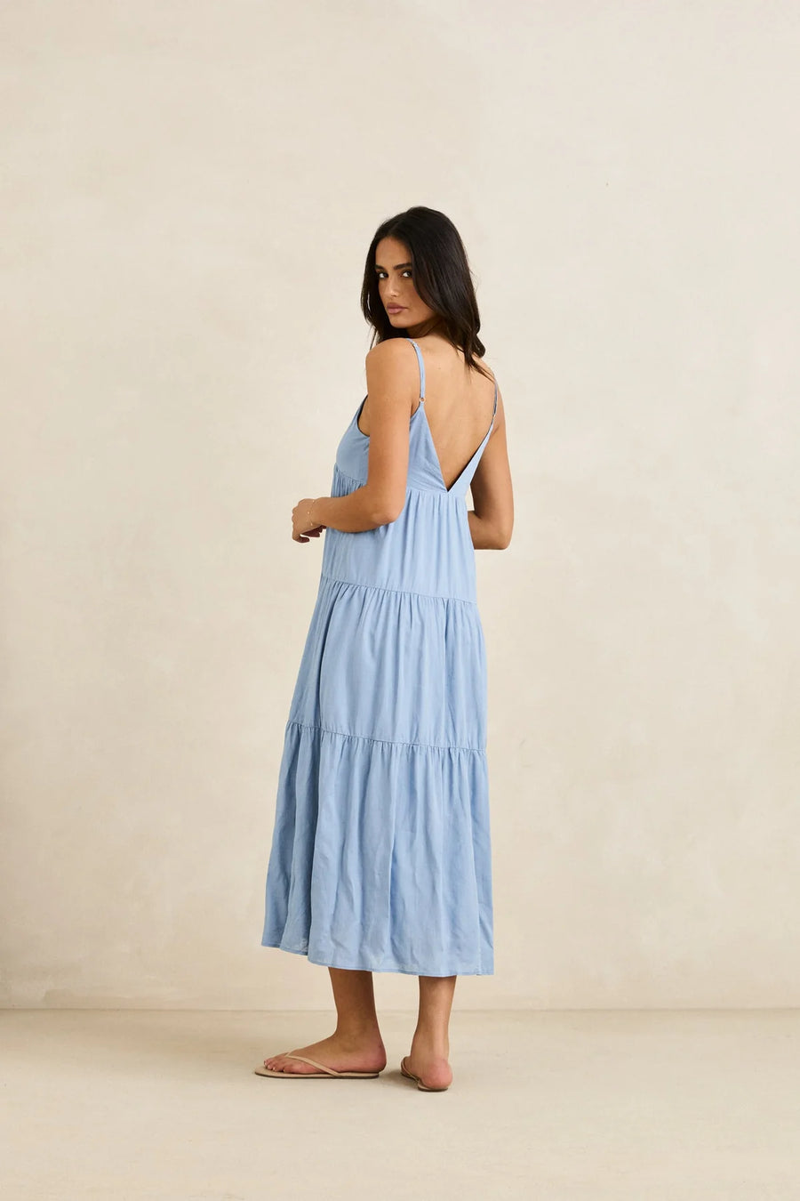 Rhythm - Classic Tiered Midi Dress in Steel Blue