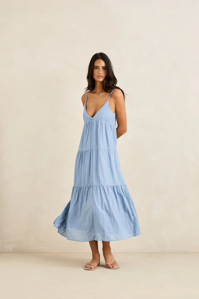 Rhythm - Classic Tiered Midi Dress in Steel Blue