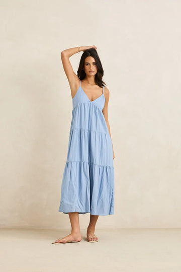 Rhythm - Classic Tiered Midi Dress in Steel Blue