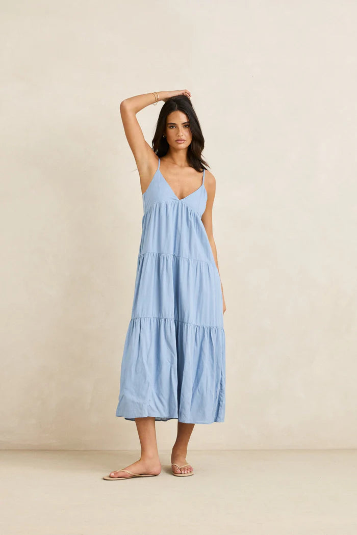 Rhythm - Classic Tiered Midi Dress in Steel Blue