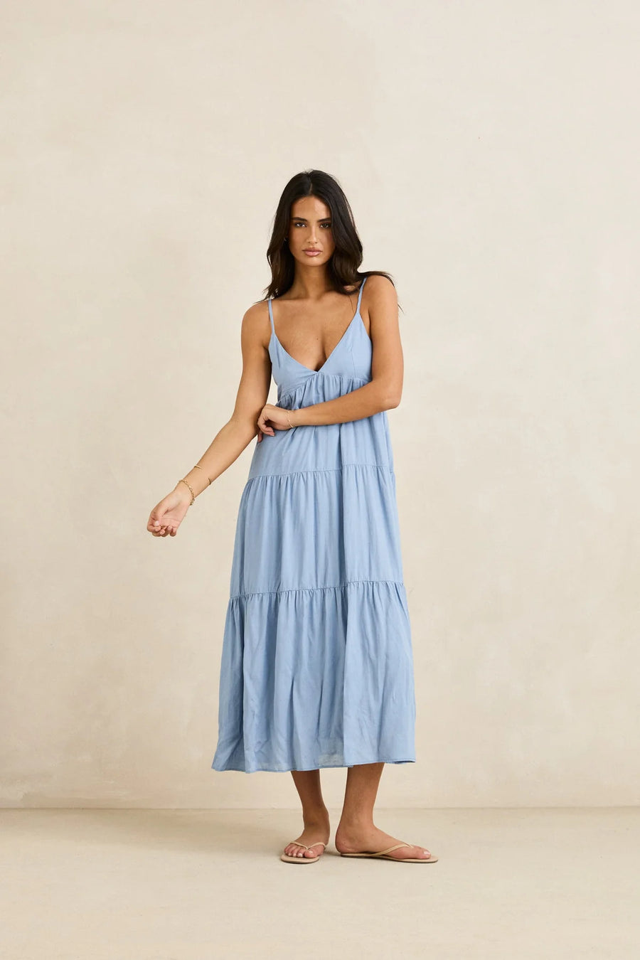 Rhythm - Classic Tiered Midi Dress in Steel Blue