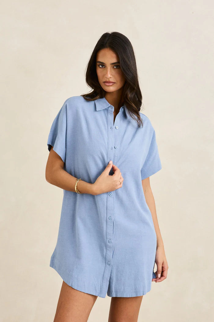 Rhythm - Classic Shirt Dress in Steel Blue