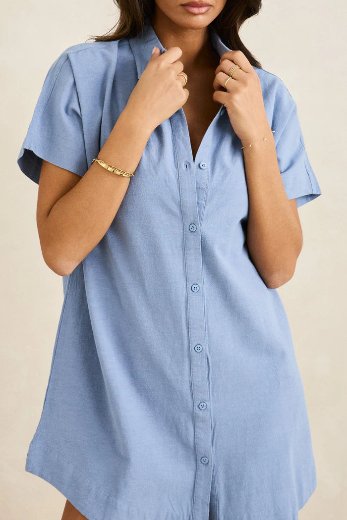 Rhythm - Classic Shirt Dress in Steel Blue