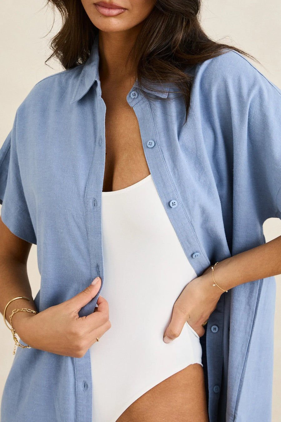 Rhythm - Classic Shirt Dress in Steel Blue