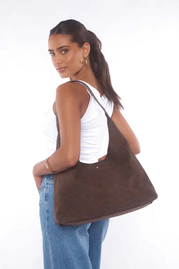 Peta + Jain - Jami Slouch Tote in Chocolate Suede/ Gold