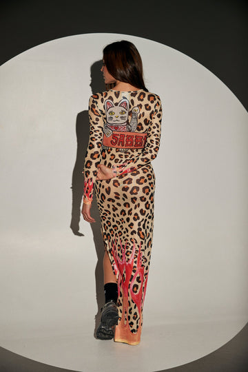 SABBI - Pantera Mesh Long Sleeve Maxi Dress - Leopard Flames