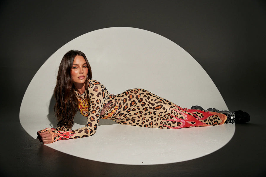 SABBI - Pantera Mesh Long Sleeve Maxi Dress - Leopard Flames