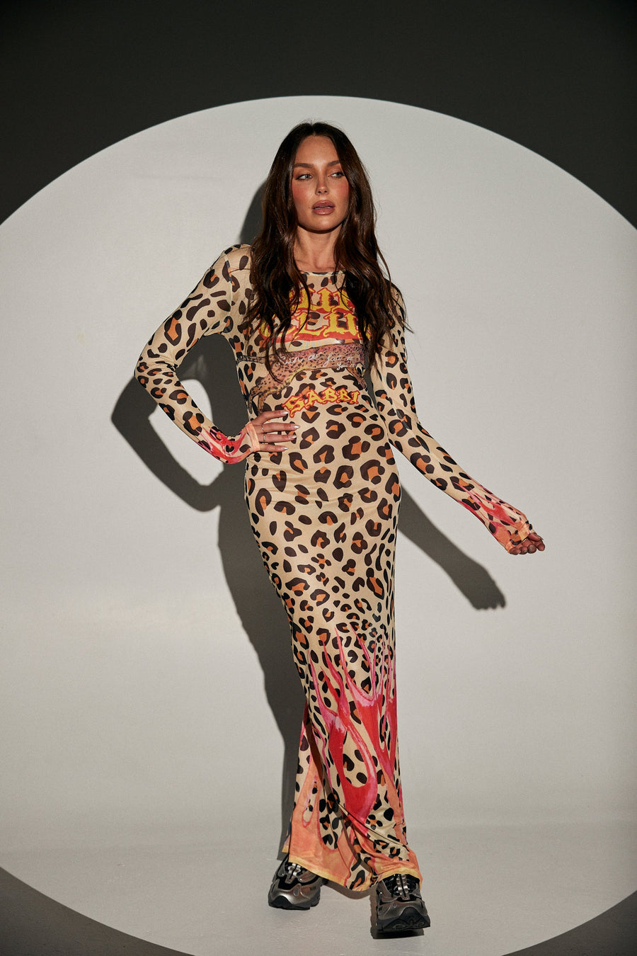 SABBI - Pantera Mesh Long Sleeve Maxi Dress - Leopard Flames