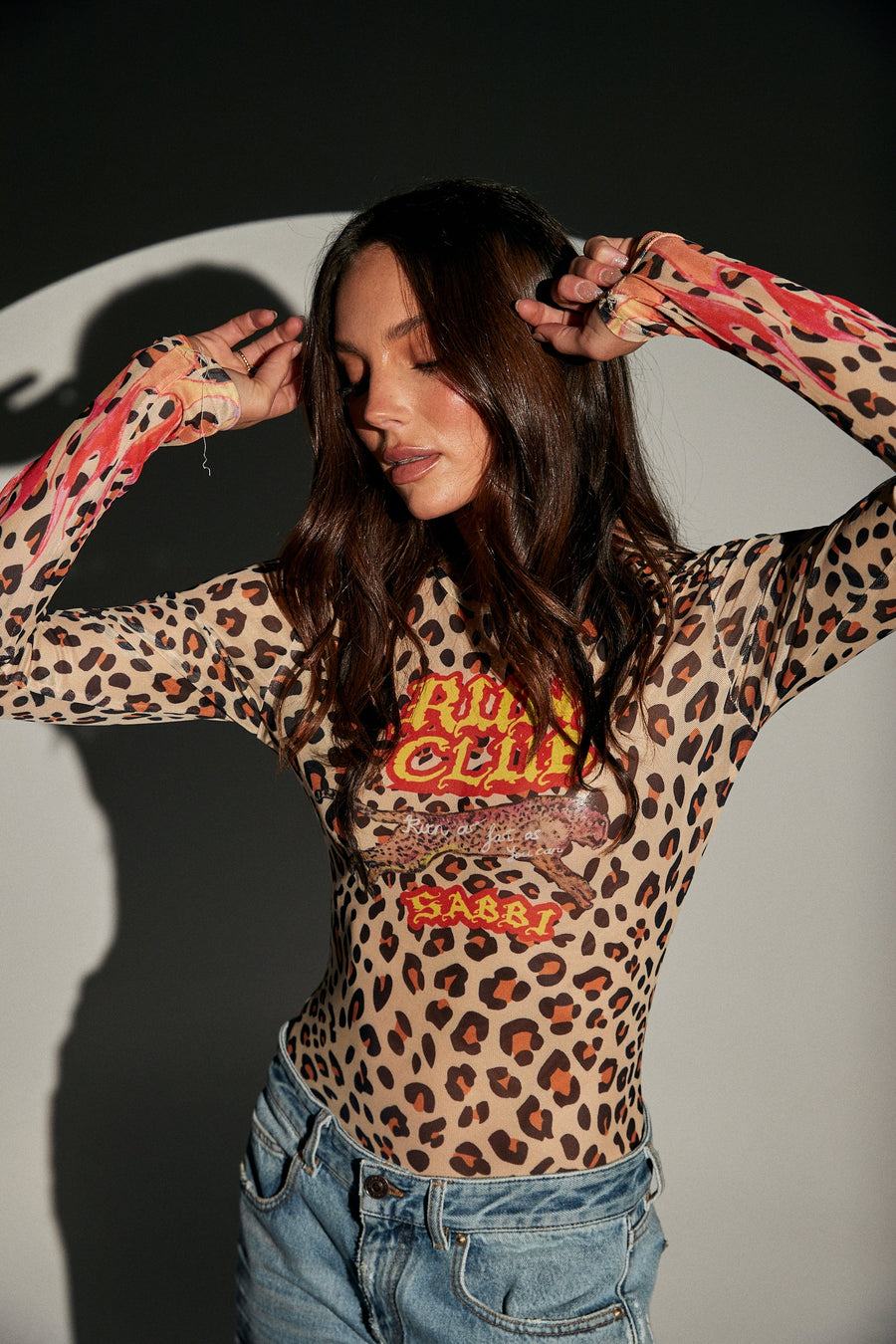 SABBI - Run Club Animal Mesh Long Sleeve Top in Leopard Flames