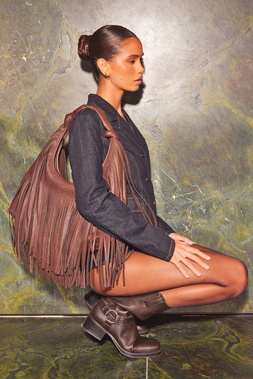 Peta + Jain - Moss Fringe Bag in Choc PU/Gold