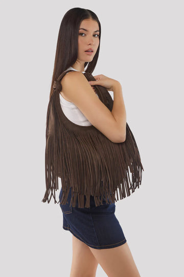 Peta + Jain - Moss Fringe Bag in Choc Suede/Gold