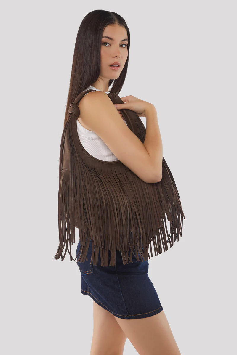 Peta + Jain - Moss Fringe Bag in Choc Suede/Gold