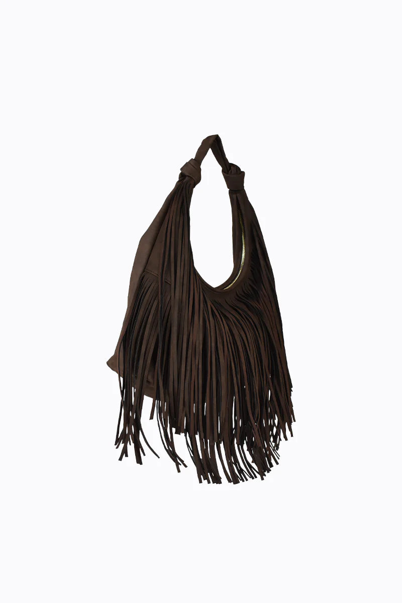 Peta + Jain - Moss Fringe Bag in Choc Suede/Gold