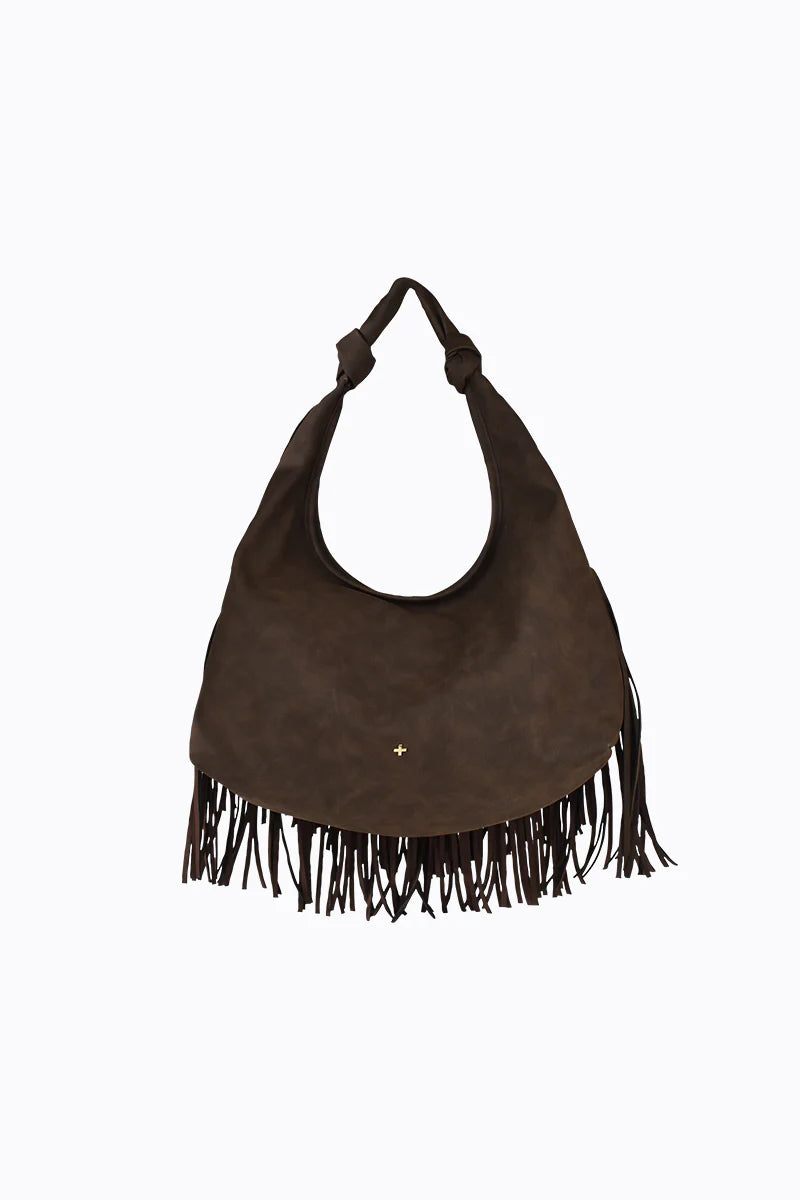 Peta + Jain - Moss Fringe Bag in Choc Suede/Gold