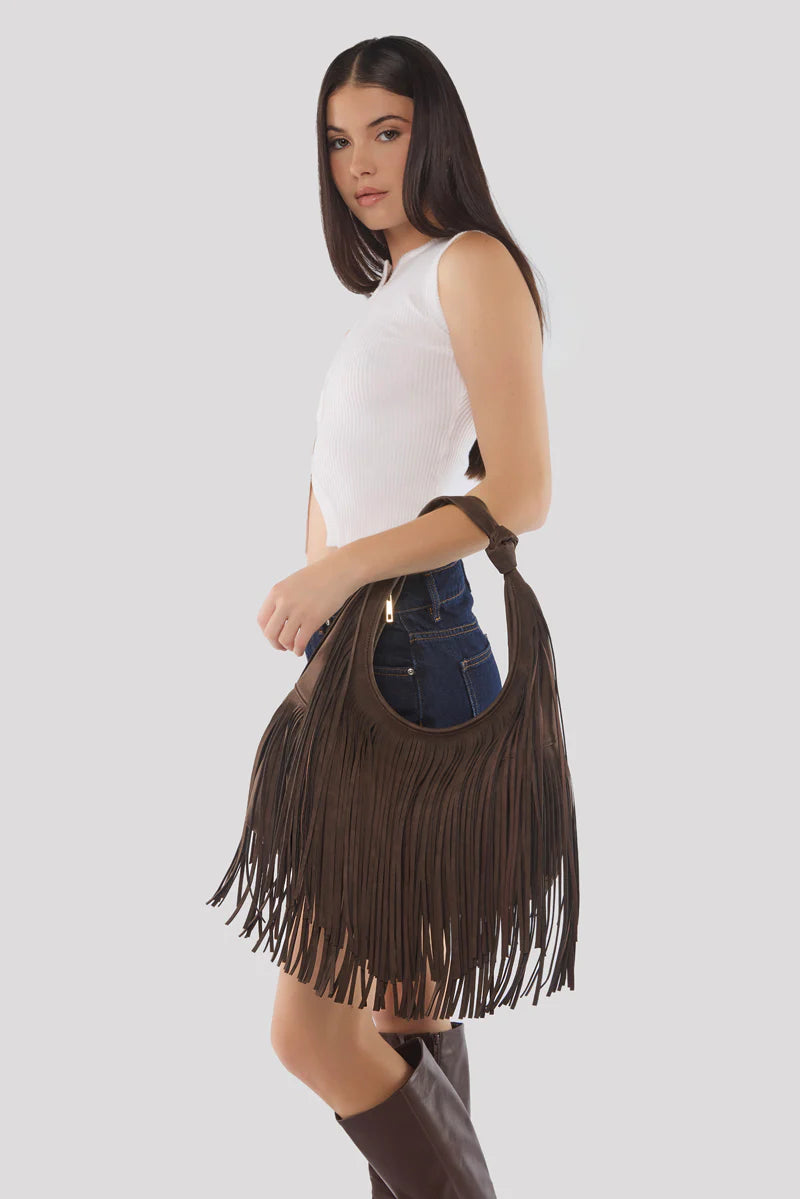 Peta + Jain - Moss Fringe Bag in Choc Suede/Gold