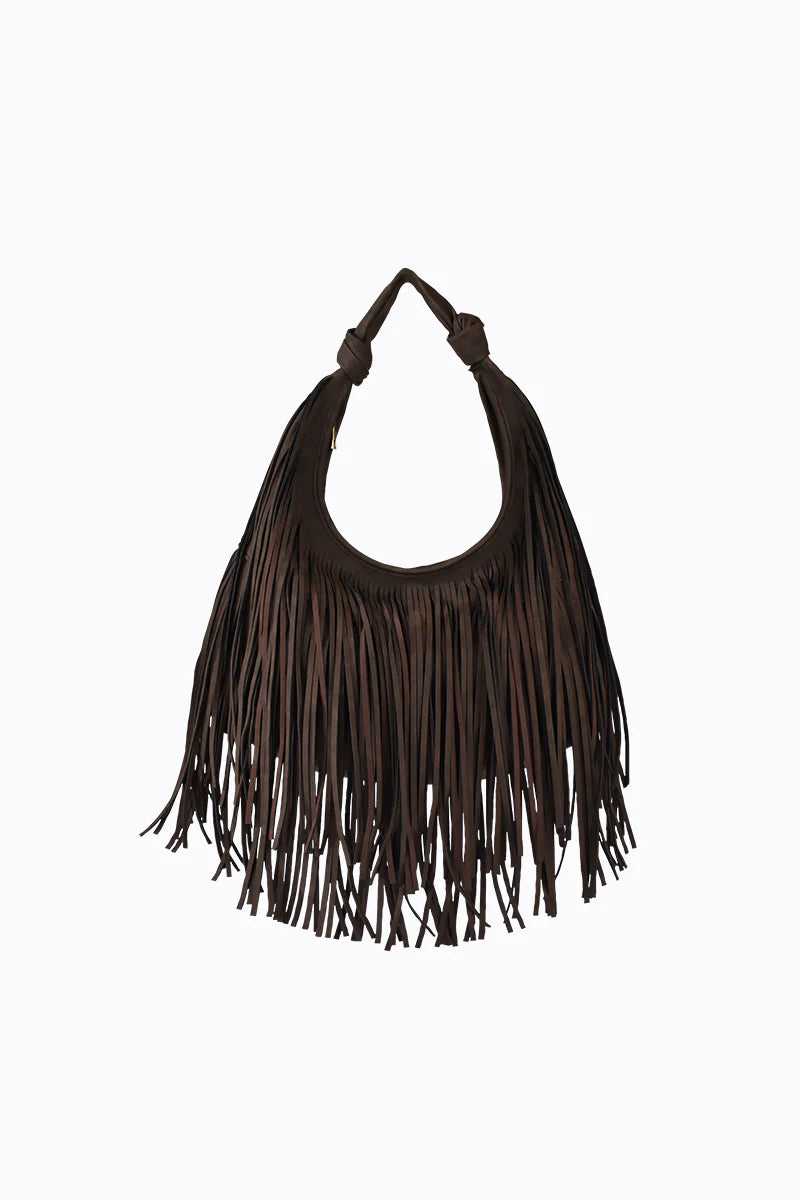 Peta + Jain - Moss Fringe Bag in Choc Suede/Gold