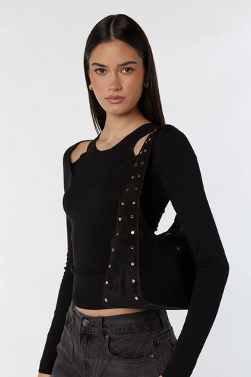 Peta + Jain - Soho Studded Shoulder Bag in Black/Suede/Gold