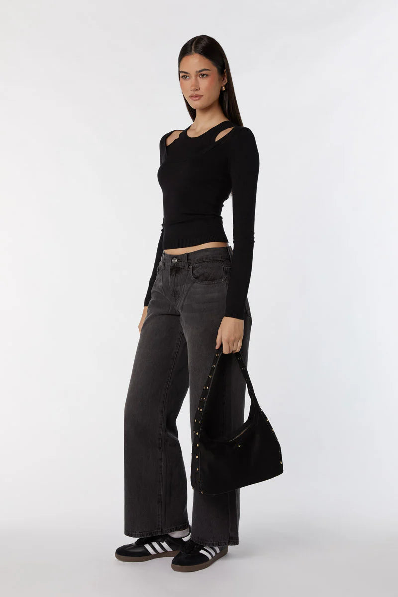 Peta + Jain - Soho Studded Shoulder Bag in Black/Suede/Gold