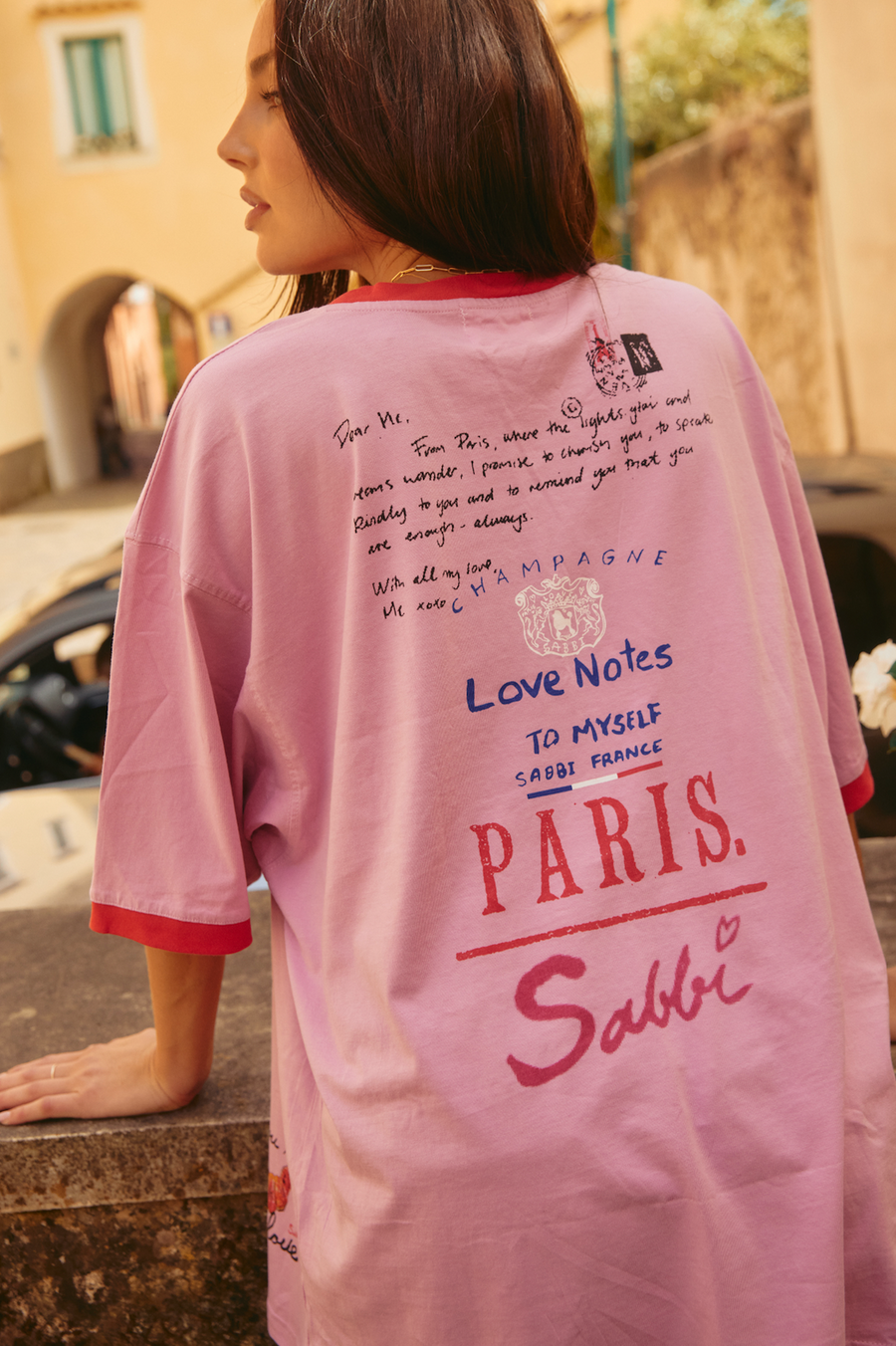 SABBI - The Very Oversided: The Paris Love Notes Tee in Pink