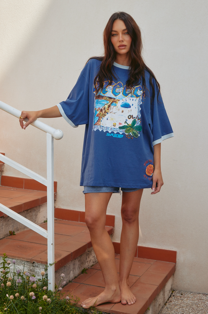 SABBI - The Very Oversided: The Greece Love Notes Tee in Navy Blue