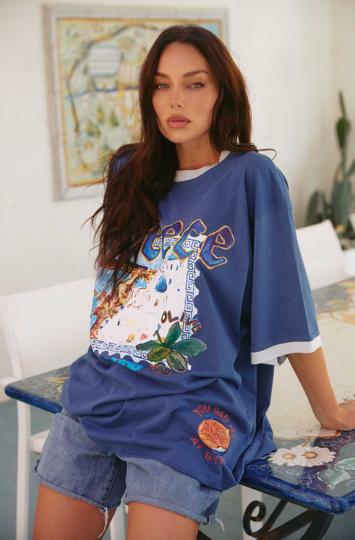 SABBI - The Very Oversided: The Greece Love Notes Tee in Navy Blue