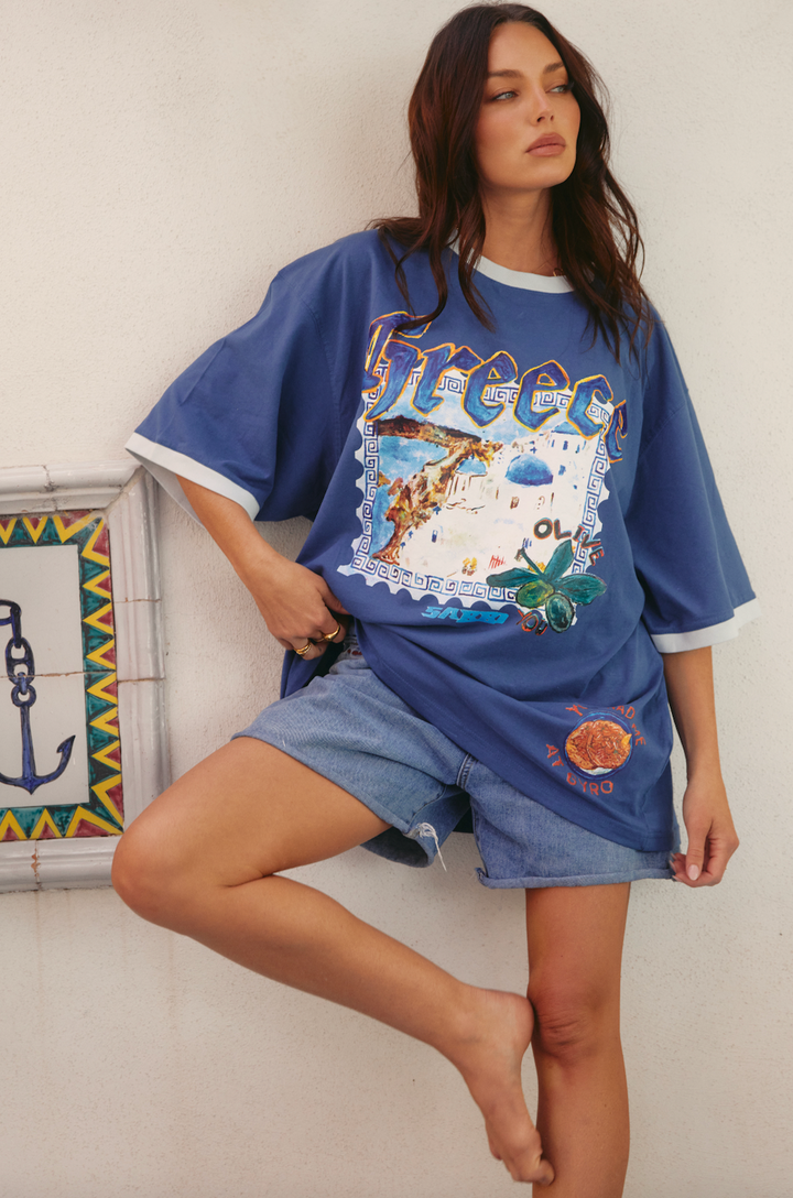 SABBI - The Very Oversided: The Greece Love Notes Tee in Navy Blue