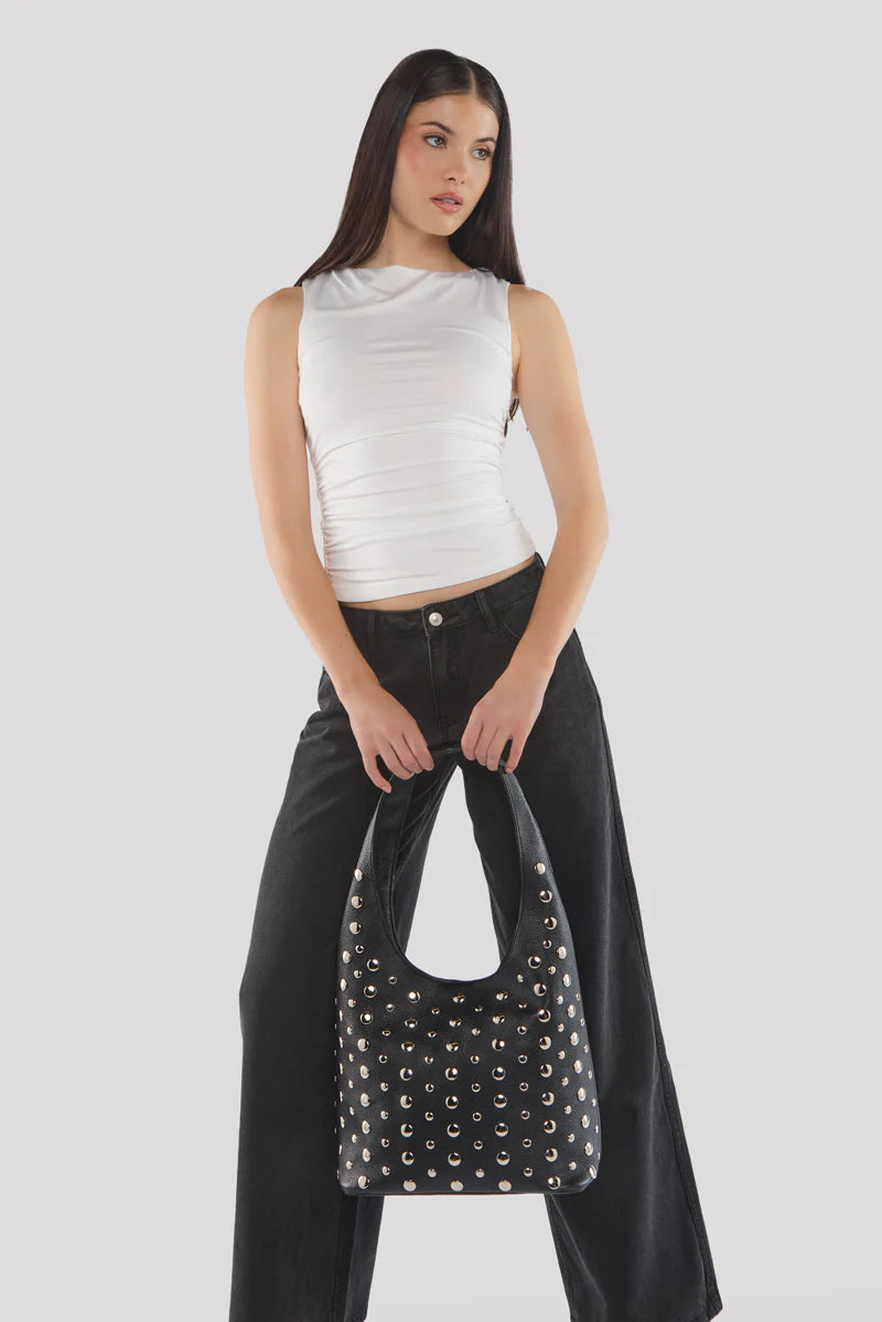 Peta + Jain - Yoko Stud Hobo Bag in Black Pebble/Silver