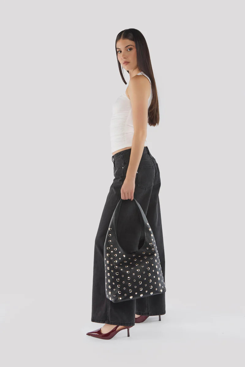 Peta + Jain - Yoko Stud Hobo Bag in Black Pebble/Silver