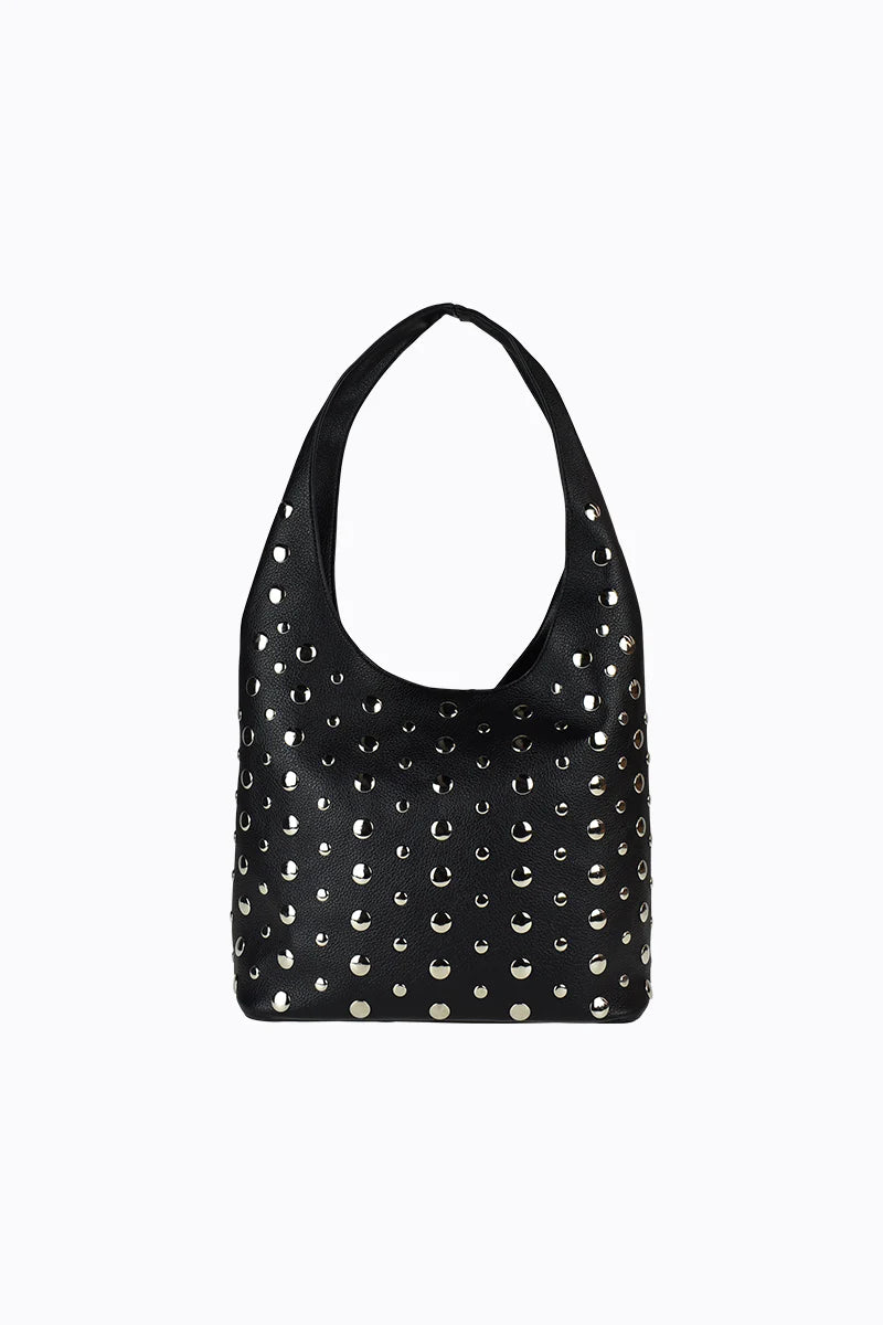 Peta + Jain - Yoko Stud Hobo Bag in Black Pebble/Silver