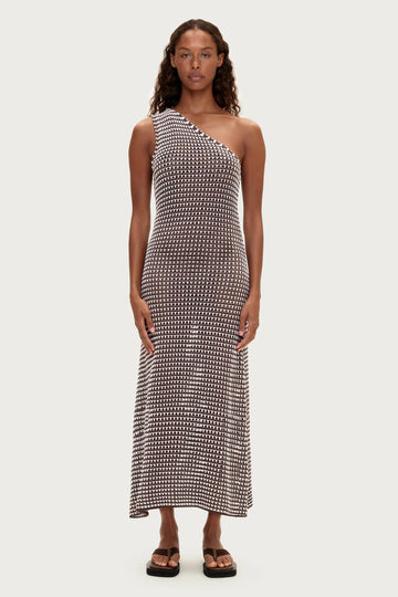 ZULU & ZEPHYR - Lattice Knit One Shoulder Dress In Brown Stripe