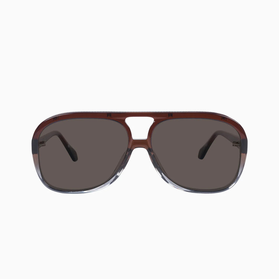 VALLEY EYEWEAR - Bang Bang Transparent Chocolate Fade to Crystal w. Gold Metal/Dark Orange Gradient Lens.