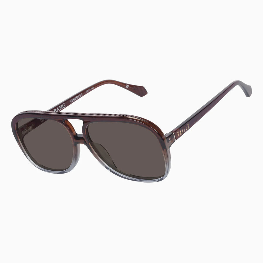 VALLEY EYEWEAR - Bang Bang Transparent Chocolate Fade to Crystal w. Gold Metal/Dark Orange Gradient Lens.