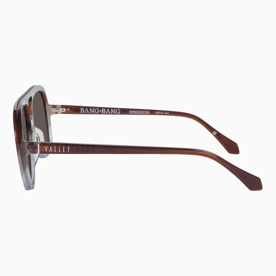 VALLEY EYEWEAR - Bang Bang Transparent Chocolate Fade to Crystal w. Gold Metal/Dark Orange Gradient Lens.