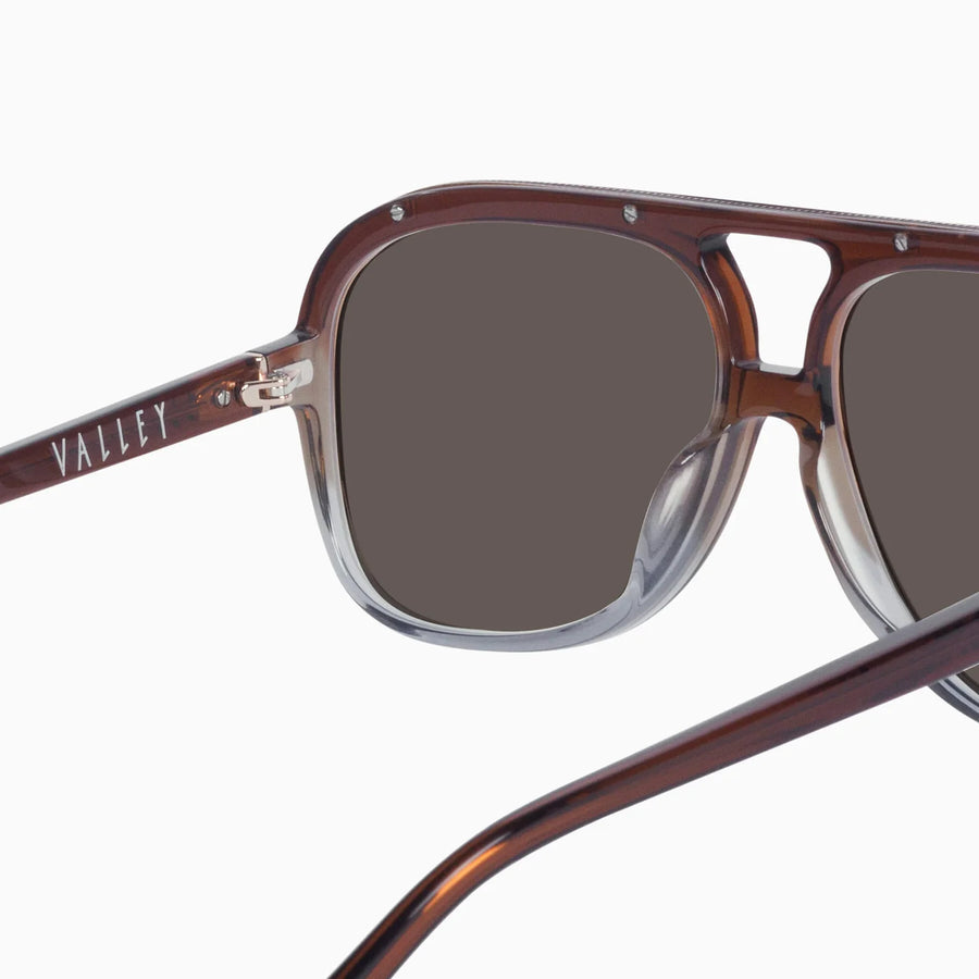 VALLEY EYEWEAR - Bang Bang Transparent Chocolate Fade to Crystal w. Gold Metal/Dark Orange Gradient Lens.